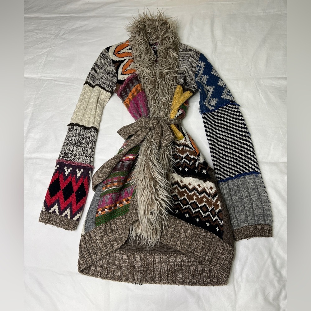 Desigual Faux Fur Open Front Cardigan Embroidered Back Patchwork Sweater size L